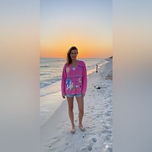 Quacker Factory Beach Ocean Lake Vacation Ugly Sweater Whimsical Quirky Cardigan